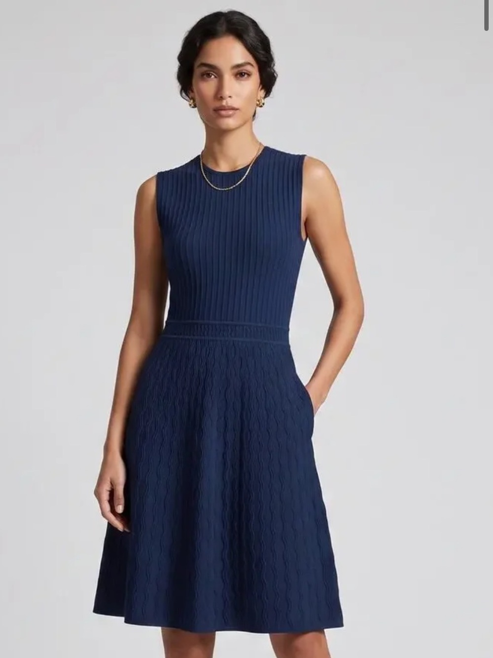 Tory Burch Sleeveless Textured Fit & Flare Dress in Navy